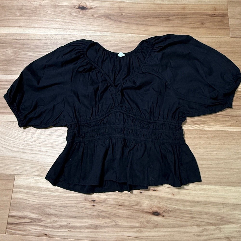 Old Navy Peplum Balloon Sleeve Top Women XL Black Cotton Smocked Waist Stretch